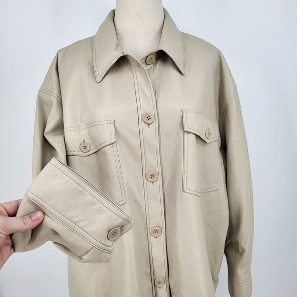 Wilfred Ganna Shirt Jacket Faux Leather Shacket Taupe Cream Button Up XL - Picture 9 of 11